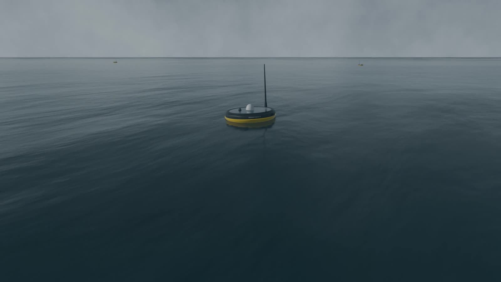 A Mesh-D node on station: surface float at the waterline, tether descending to a hydrophone at 30 m and a drogue at 7 m