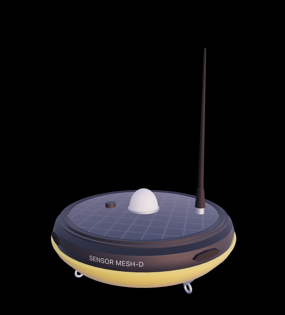 Mesh-D sensor node — flotation collar, solar deck, GNSS dome and communications antenna